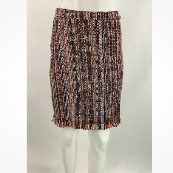 Anthropologie Sz 2 Tweed Fringe Hem Pencil Skirt Multicolor Cotton Acrylic - Picture 4 of 9